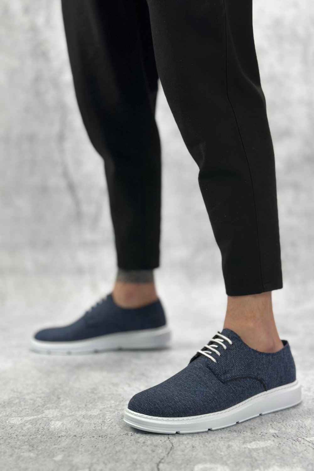 BA0003 Bağcıklı Klasik Spor Keten Lacivert  Beyaz Taban Casual Erkek Ayakkabı