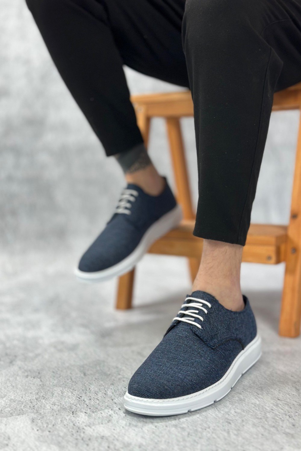 BA0003 Bağcıklı Klasik Spor Keten Lacivert  Beyaz Taban Casual Erkek Ayakkabı