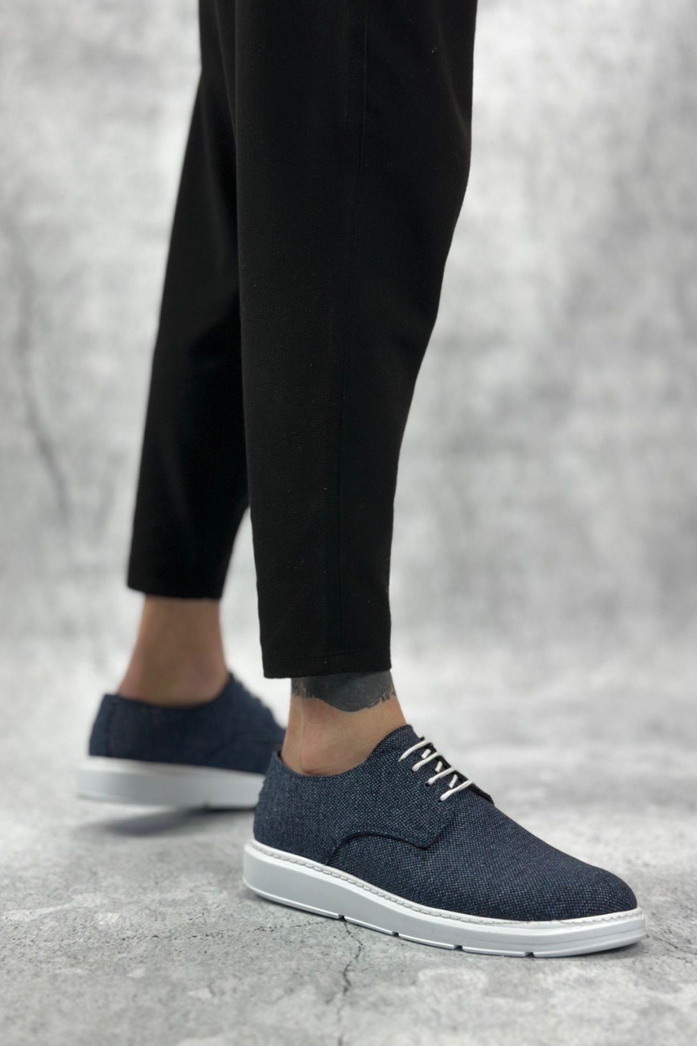 BA0003 Bağcıklı Klasik Spor Keten Lacivert  Beyaz Taban Casual Erkek Ayakkabı