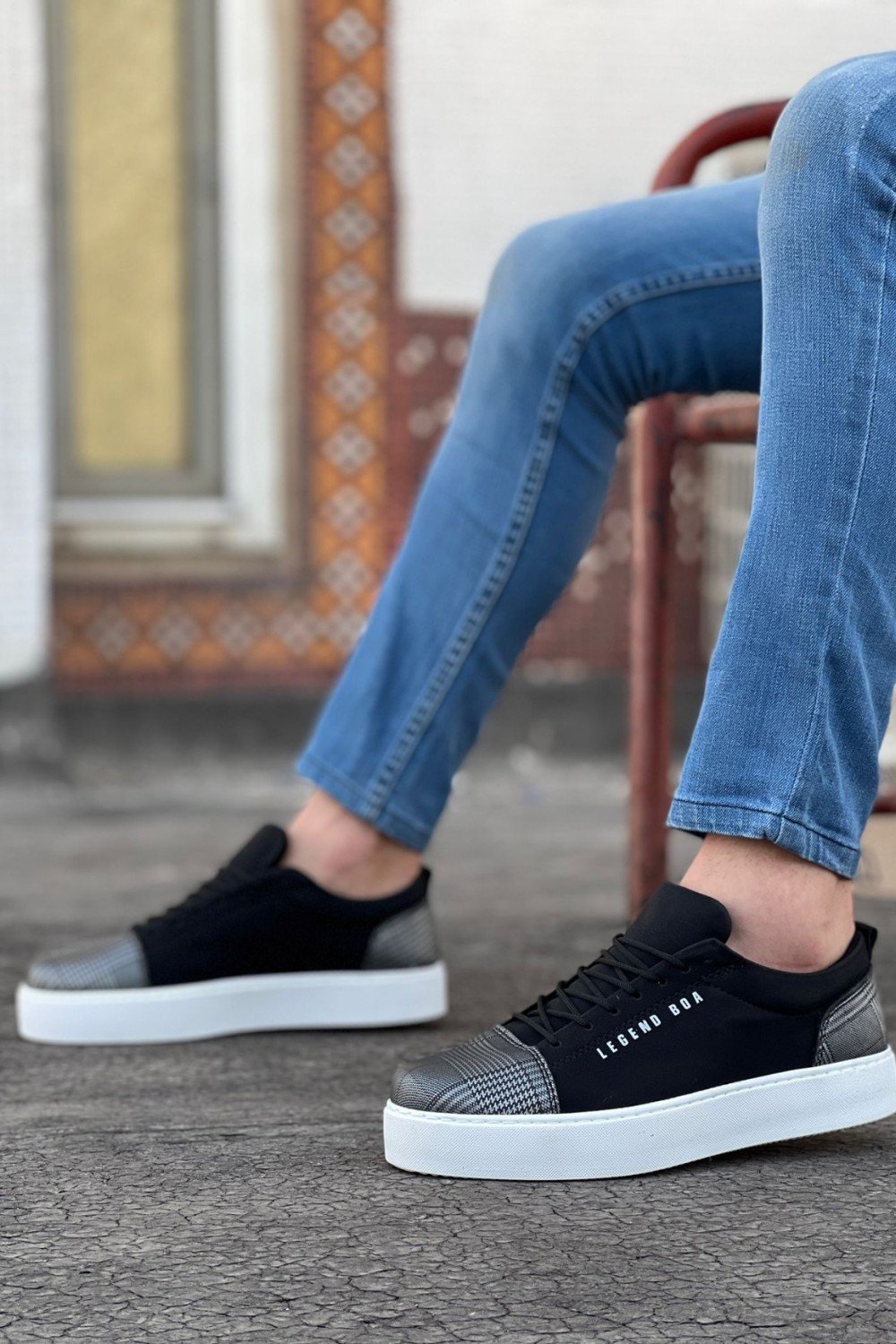 BA0104 Bağcıklı Siyah Ekose Süet Beyaz Taban Spor Klasik Erkek Ayakkabı