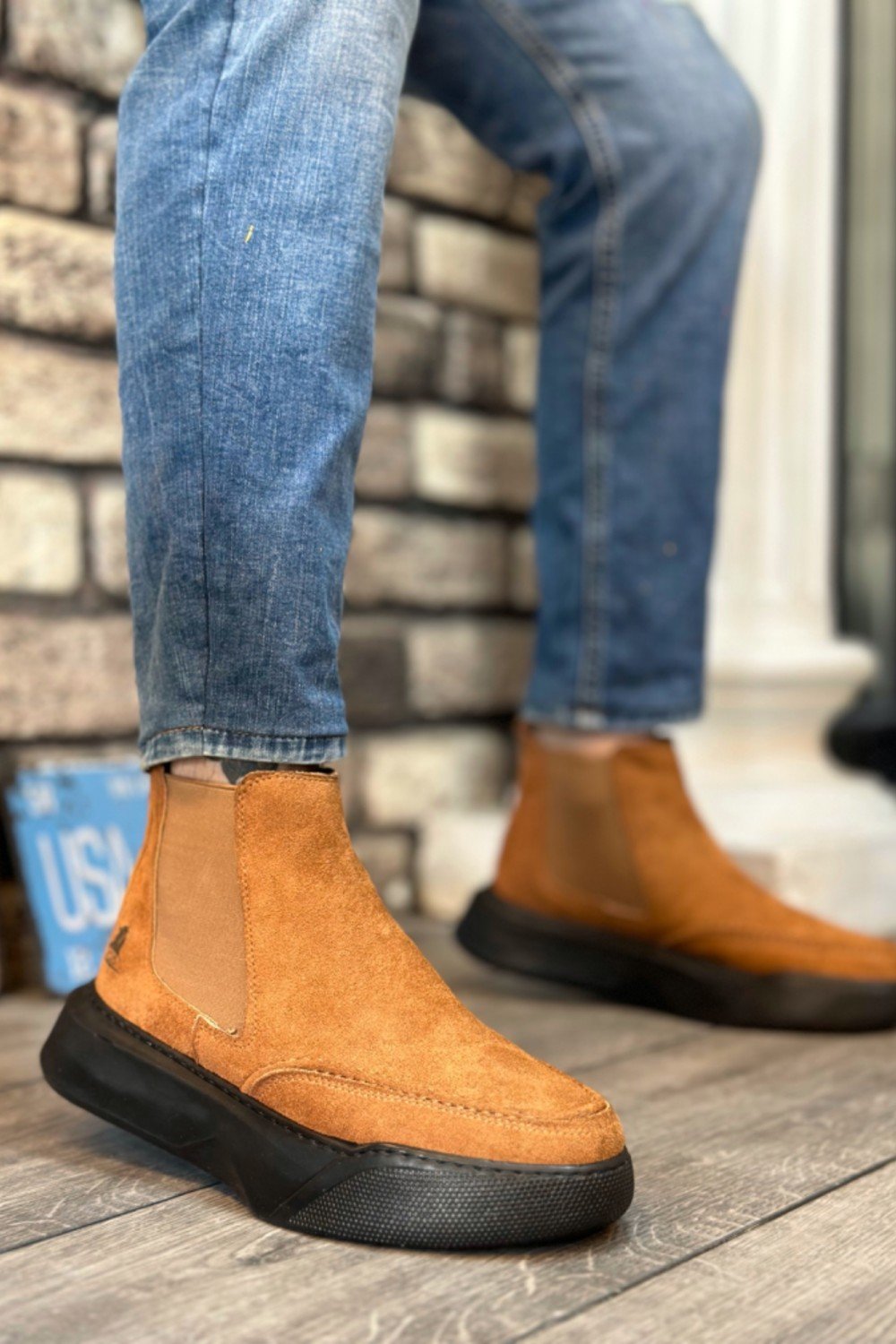 BA0150 Bağcıksız Erkek Taba Süet Siyah Yüksek Taban Spor Bot