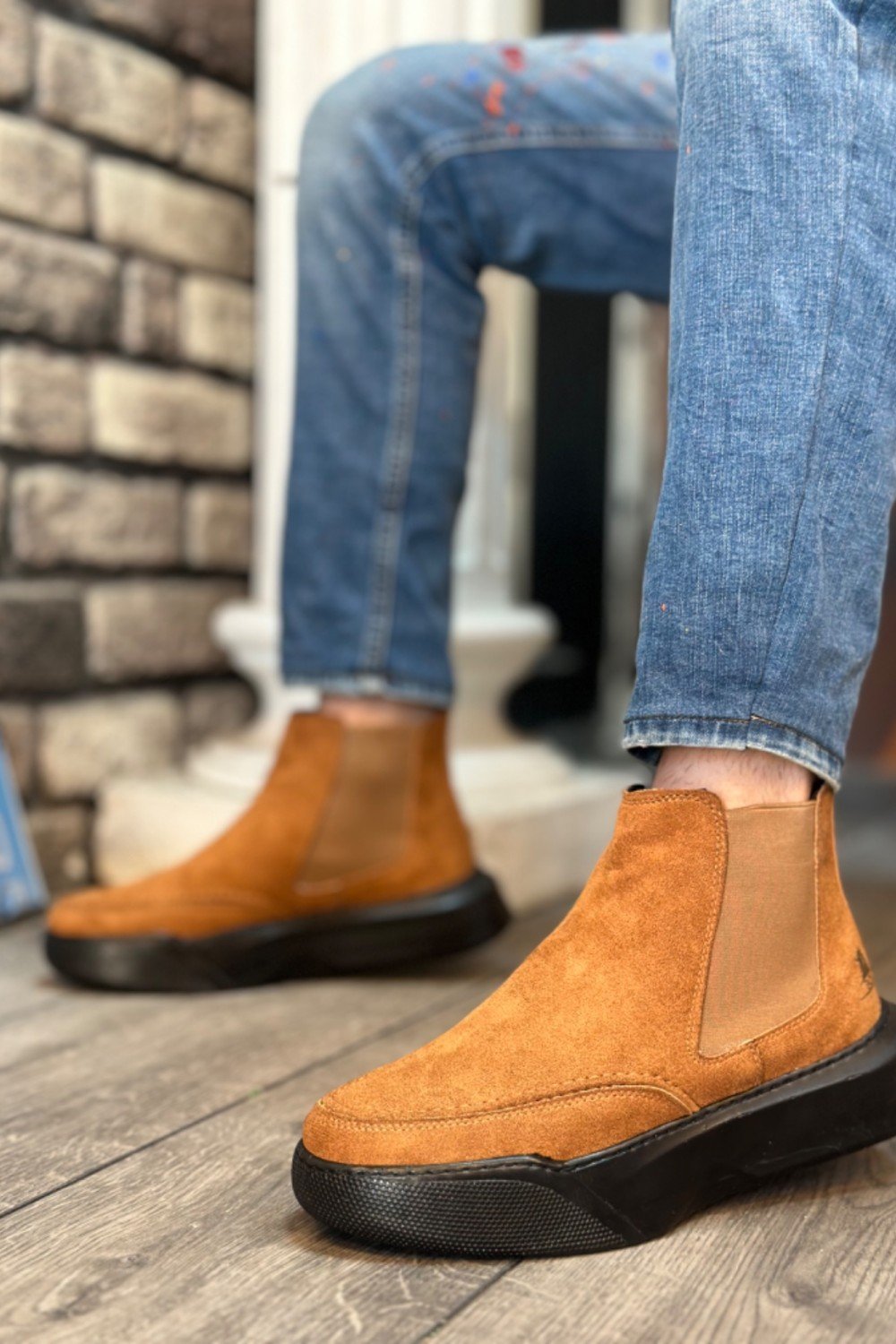 BA0150 Bağcıksız Erkek Taba Süet Siyah Yüksek Taban Spor Bot