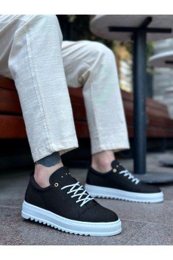 BA0152 Bağcıklı Yüksek Taban Siyah Keten Erkek Ayakkabı