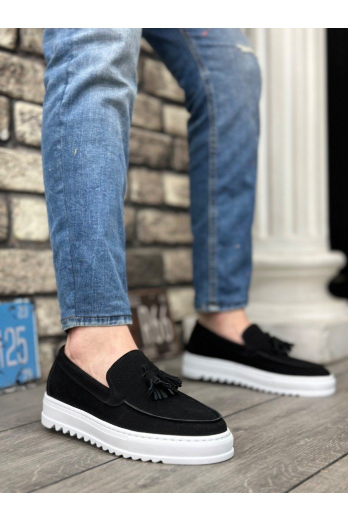BA0154 Bağcıksız Yüksek Taban Süet Siyah Renk Beyaz Taban Püsküllü Erkek Ayakkabı