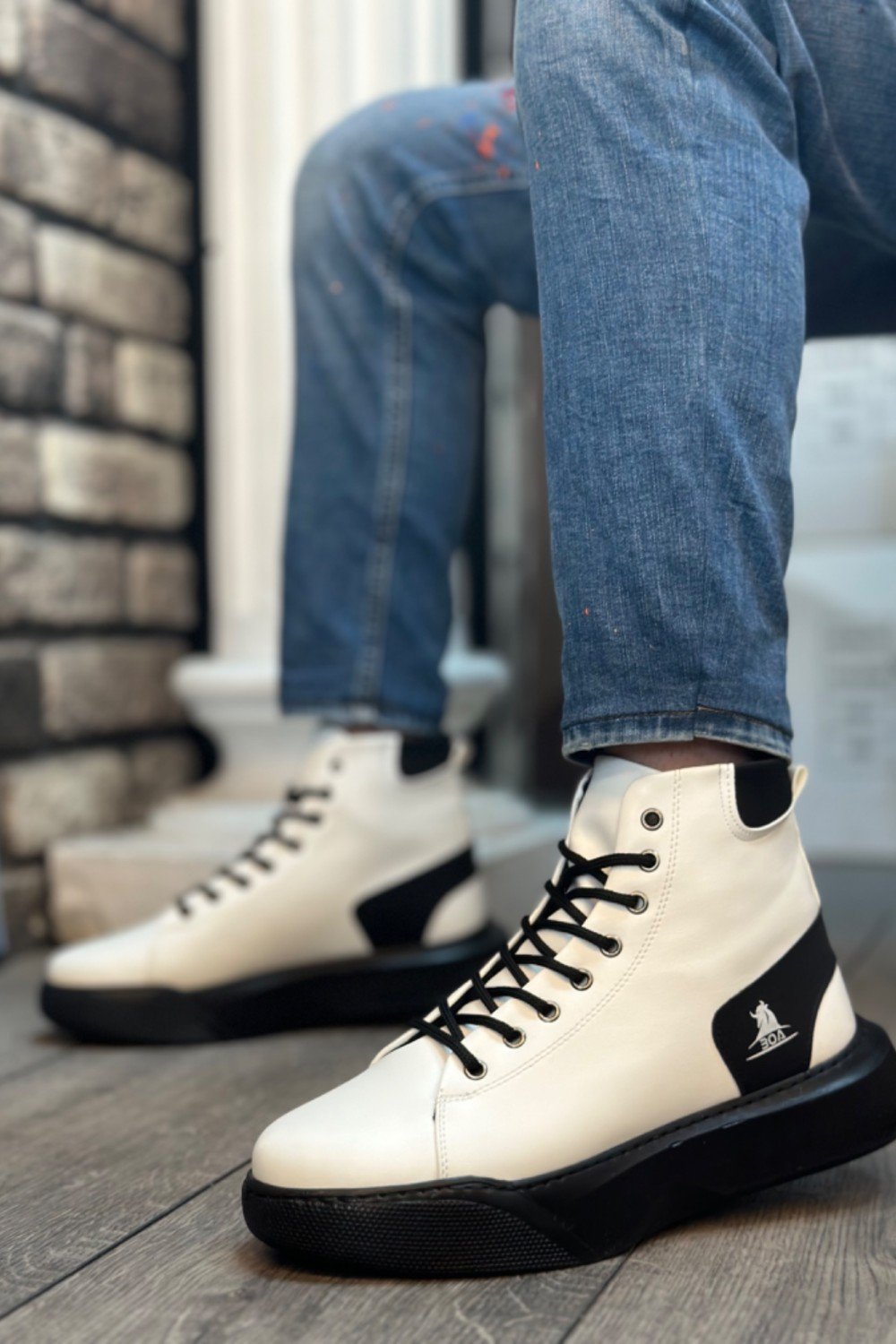 BA0155 Bağcıklı Erkek Yüksek Taban Beyaz Siyah Taban Spor Bot BA0155 Bağcıklı Erkek Yüksek Taban Beyaz Siyah Taban Spor Bot
