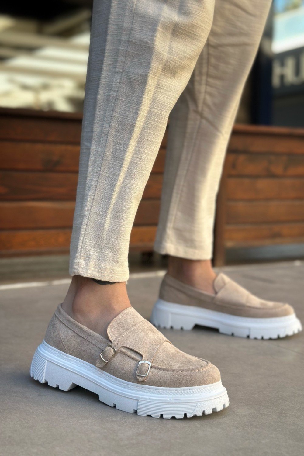 BA0242 Tokalı Klasik Yüksek Taban Krem Süet Erkek Ayakkabı