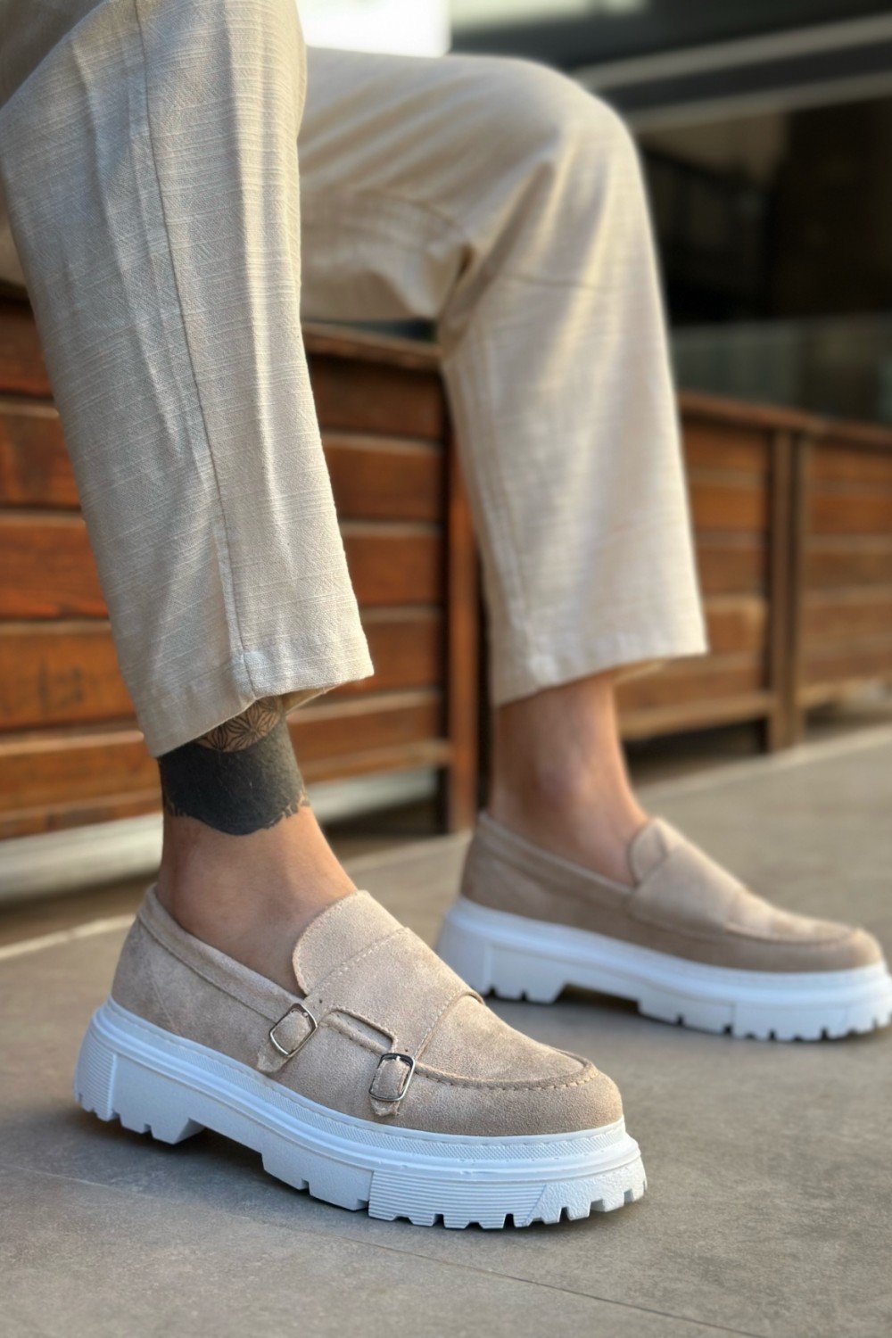 BA0242 Tokalı Klasik Yüksek Taban Krem Süet Erkek Ayakkabı