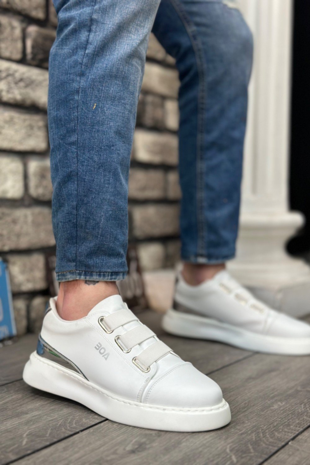 BA0329 3 Bant Beyaz Gümüş Detaylı Kalın Taban Casual Erkek Ayakkabı BA0329 3 Bant Beyaz Gümüş Detaylı Kalın Taban Casual Erkek Ayakkabı