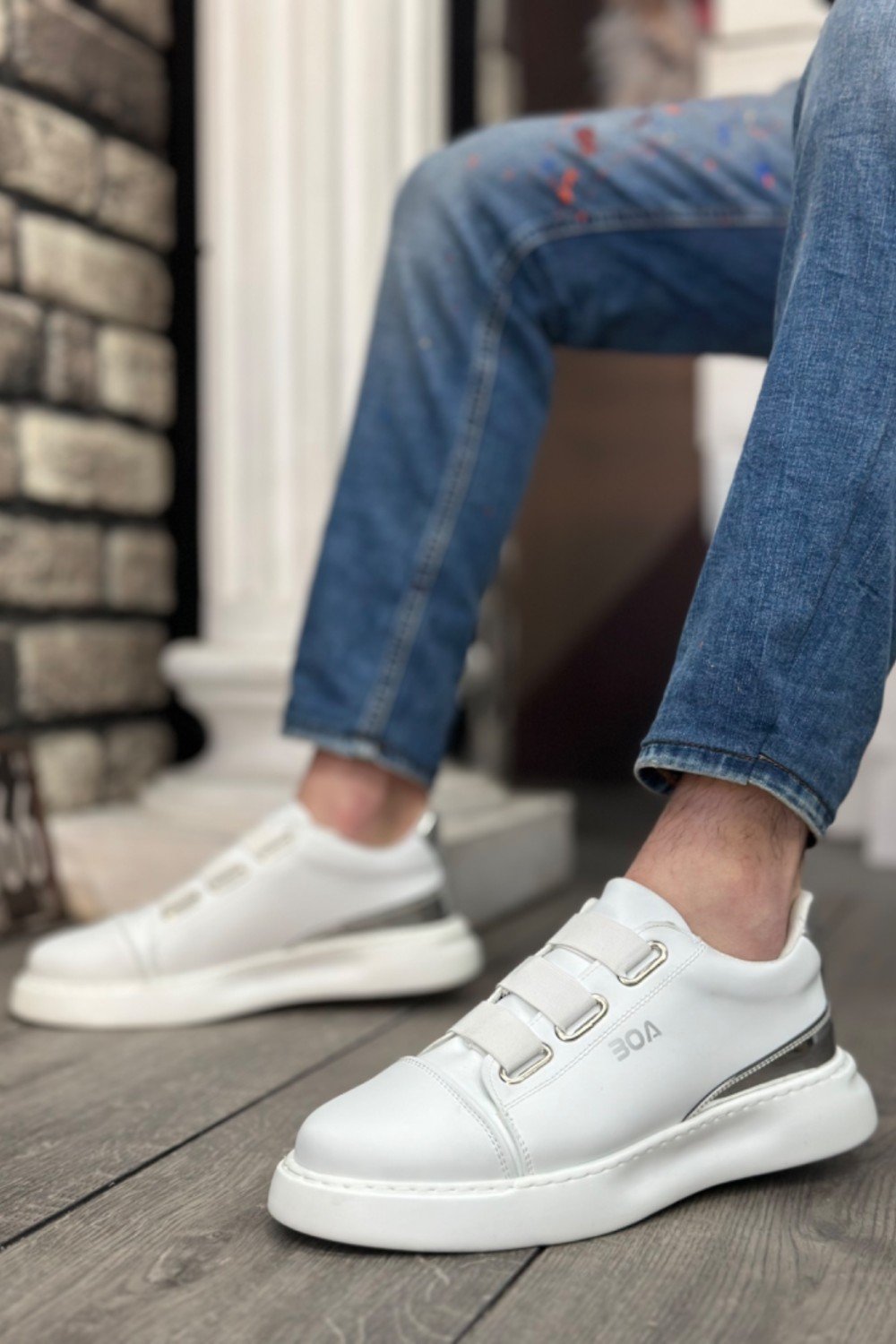 BA0329 3 Bant Beyaz Gümüş Detaylı Kalın Taban Casual Erkek Ayakkabı BA0329 3 Bant Beyaz Gümüş Detaylı Kalın Taban Casual Erkek Ayakkabı