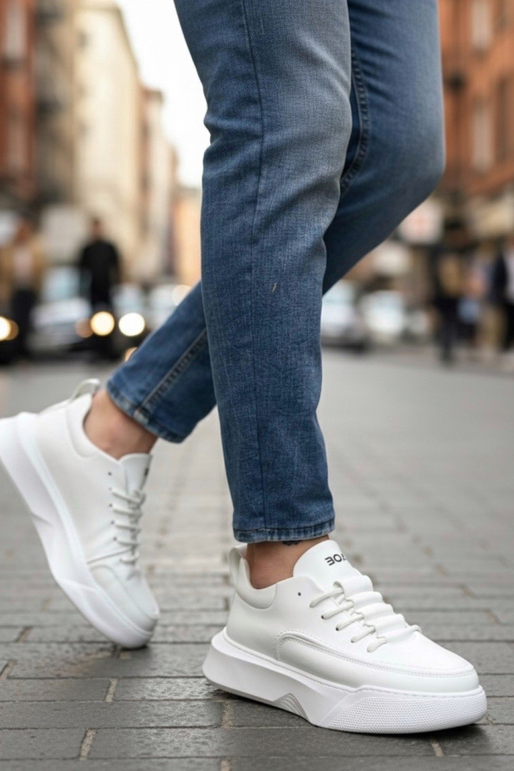 BA0332 Merdiven Desen Bağcıklı Erkek Yüksek Taban Beyaz Cilt Spor Ayakkabı