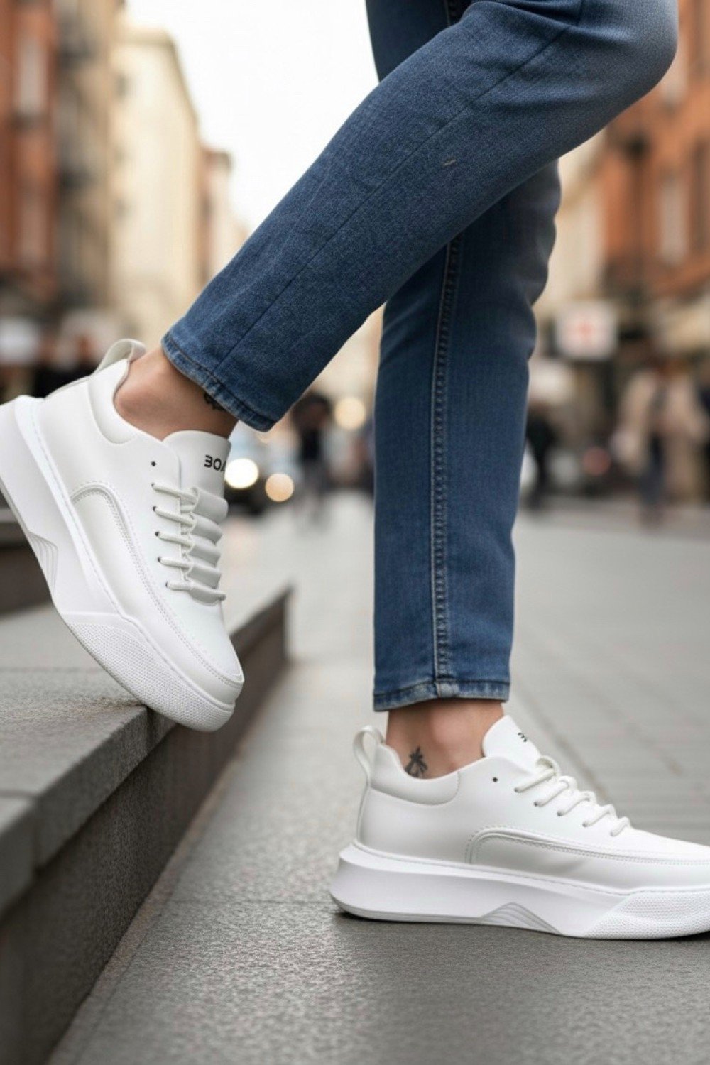 BA0332 Merdiven Desen Bağcıklı Erkek Yüksek Taban Beyaz Cilt Spor Ayakkabı