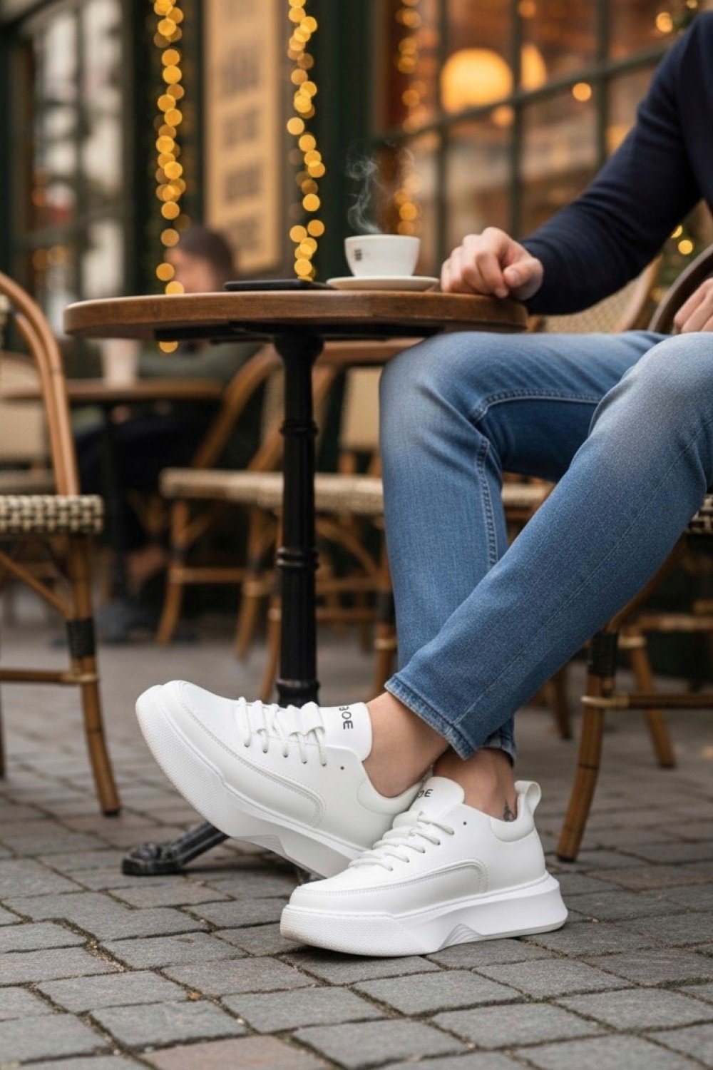 BA0332 Merdiven Desen Bağcıklı Erkek Yüksek Taban Beyaz Cilt Spor Ayakkabı