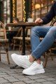 BA0332 Merdiven Desen Bağcıklı Erkek Yüksek Taban Beyaz Cilt Spor Ayakkabı