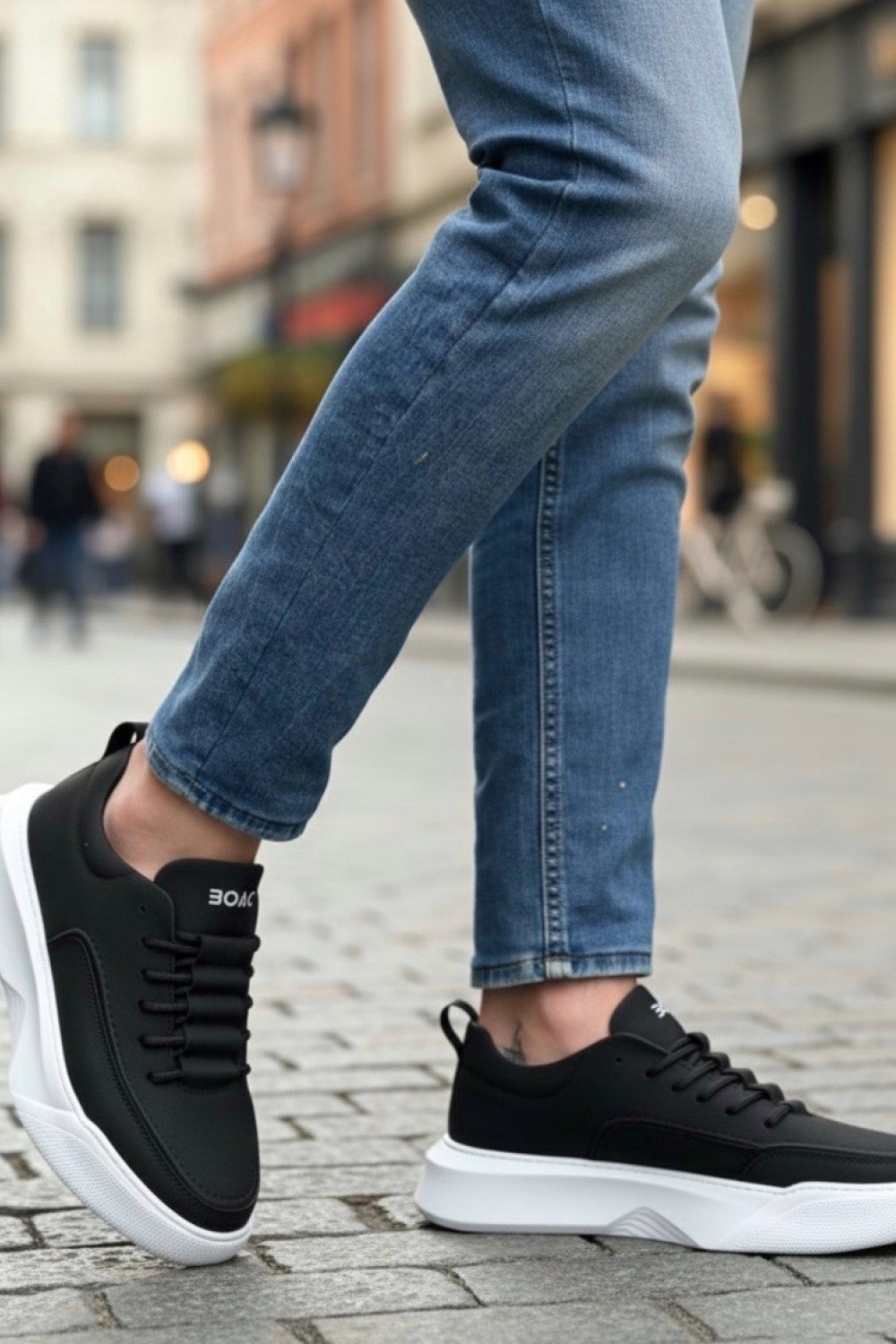 BA0332 Merdiven Desen Bağcıklı Erkek Yüksek Taban Siyah Cilt Beyaz Taban Spor Ayakkabı