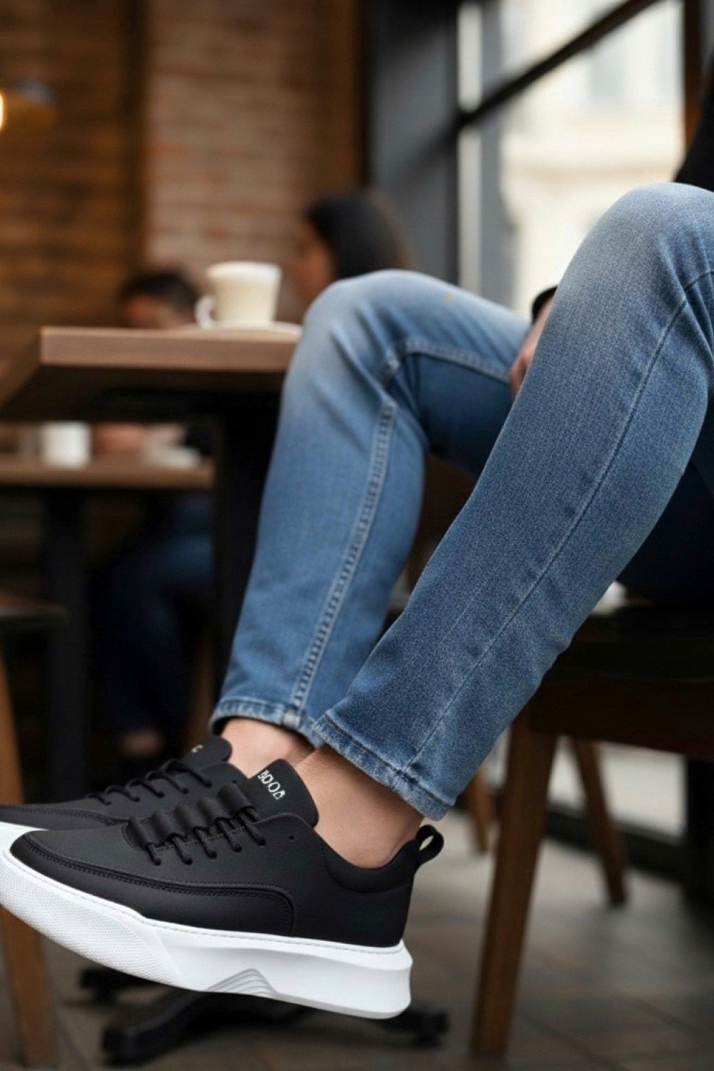 BA0332 Merdiven Desen Bağcıklı Erkek Yüksek Taban Siyah Cilt Beyaz Taban Spor Ayakkabı