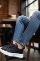 BA0332 Merdiven Desen Bağcıklı Erkek Yüksek Taban Siyah Cilt Beyaz Taban Spor Ayakkabı