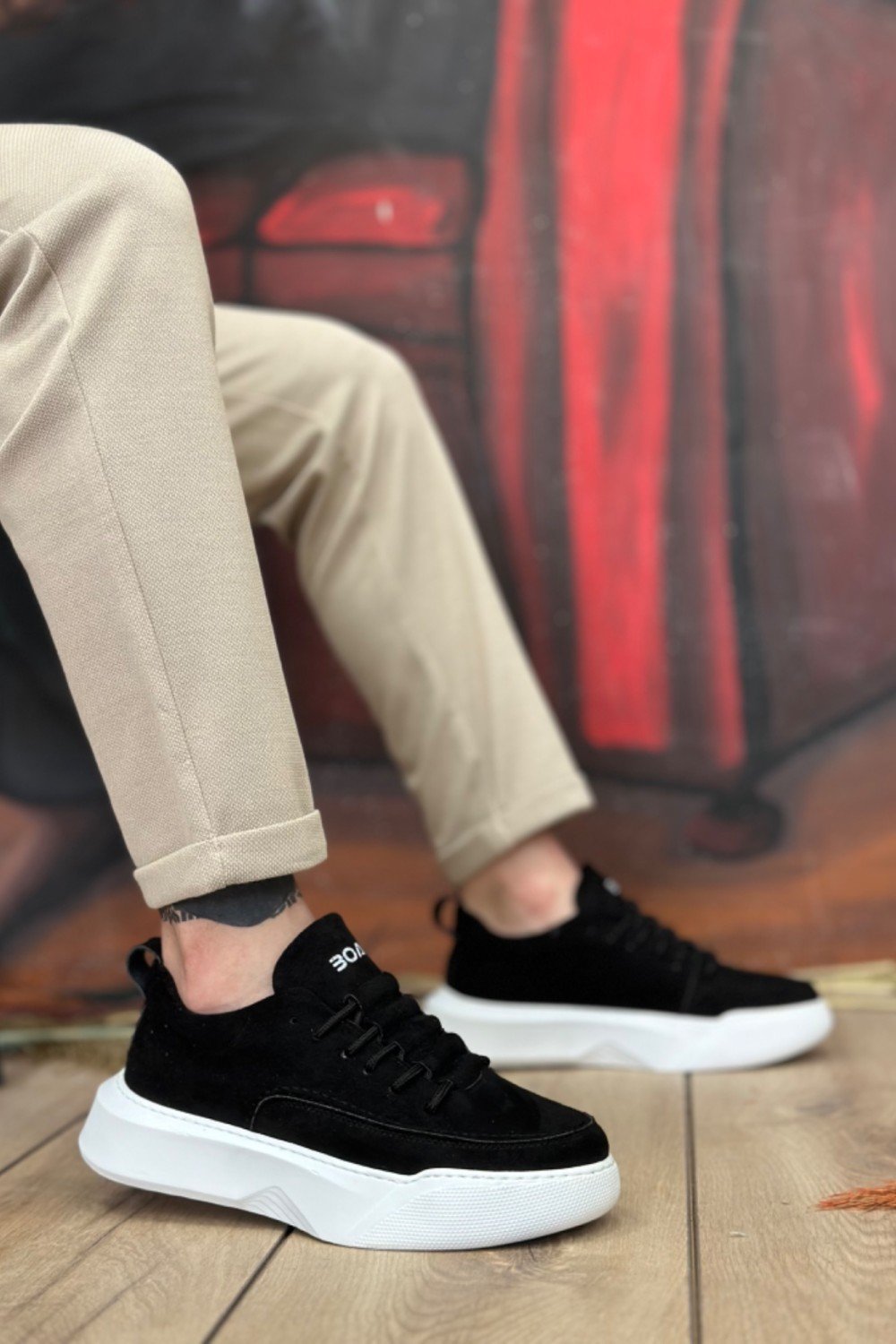 BA0332 Merdiven Desen Bağcıklı Erkek Yüksek Taban Siyah Süet Beyaz Taban Spor Ayakkabı BA0332 Merdiven Desen Bağcıklı Erkek Yüksek Taban Siyah Süet Beyaz Taban Spor Ayakkabı