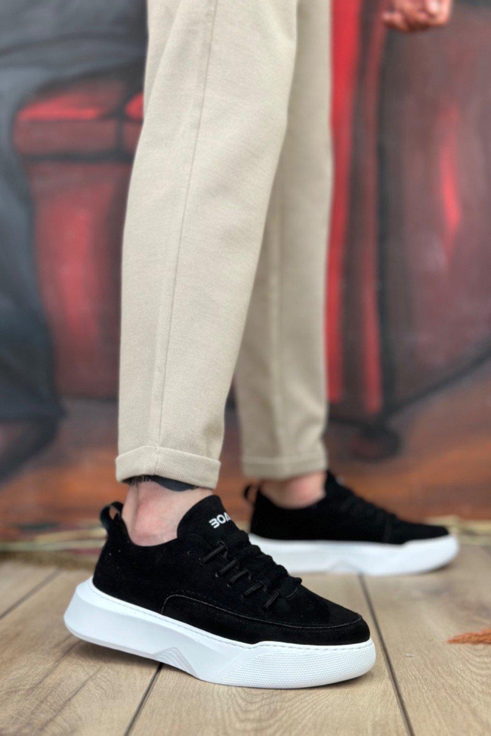 BA0332 Merdiven Desen Bağcıklı Erkek Yüksek Taban Siyah Süet Beyaz Taban Spor Ayakkabı BA0332 Merdiven Desen Bağcıklı Erkek Yüksek Taban Siyah Süet Beyaz Taban Spor Ayakkabı