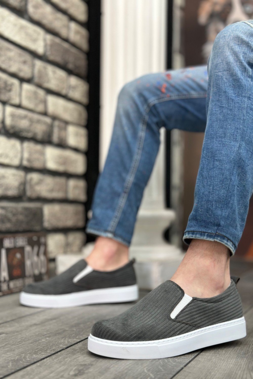 BA0339 Bağcıksız Kadife Gri Beyaz Taban Günlük Erkek Ayakkabı