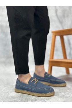 BA0358 BOA Doğal Deri Tozu Bağcıklı Kauçuk El Yapımı Espadril Taban Mavi Renk Erkek Ayakkabı