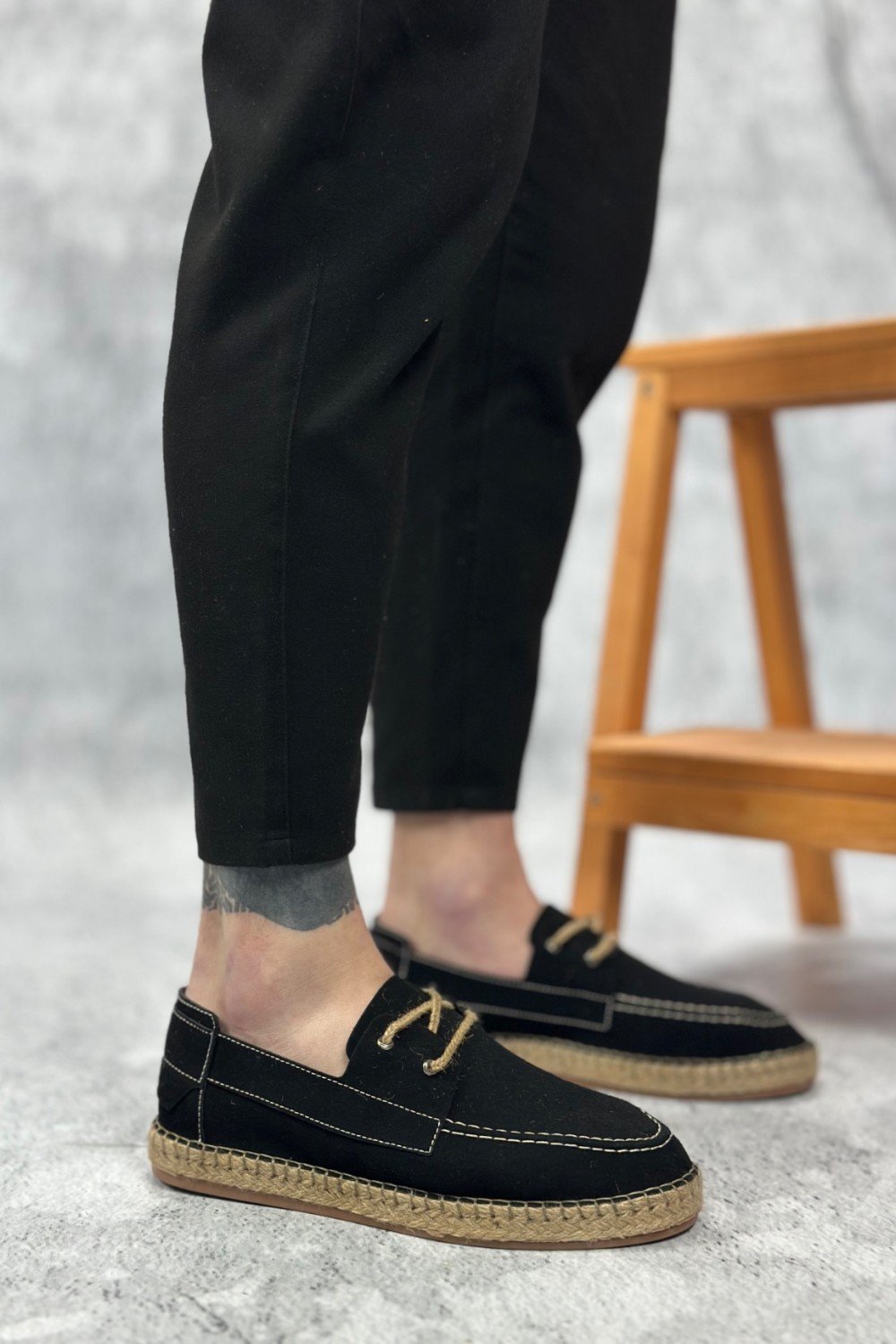 BA0358 BOA Doğal Deri Tozu Bağcıklı Kauçuk El Yapımı Espadril Taban Siyah Renk Erkek Ayakkabı
