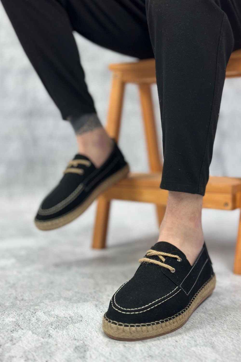 BA0358 BOA Doğal Deri Tozu Bağcıklı Kauçuk El Yapımı Espadril Taban Siyah Renk Erkek Ayakkabı