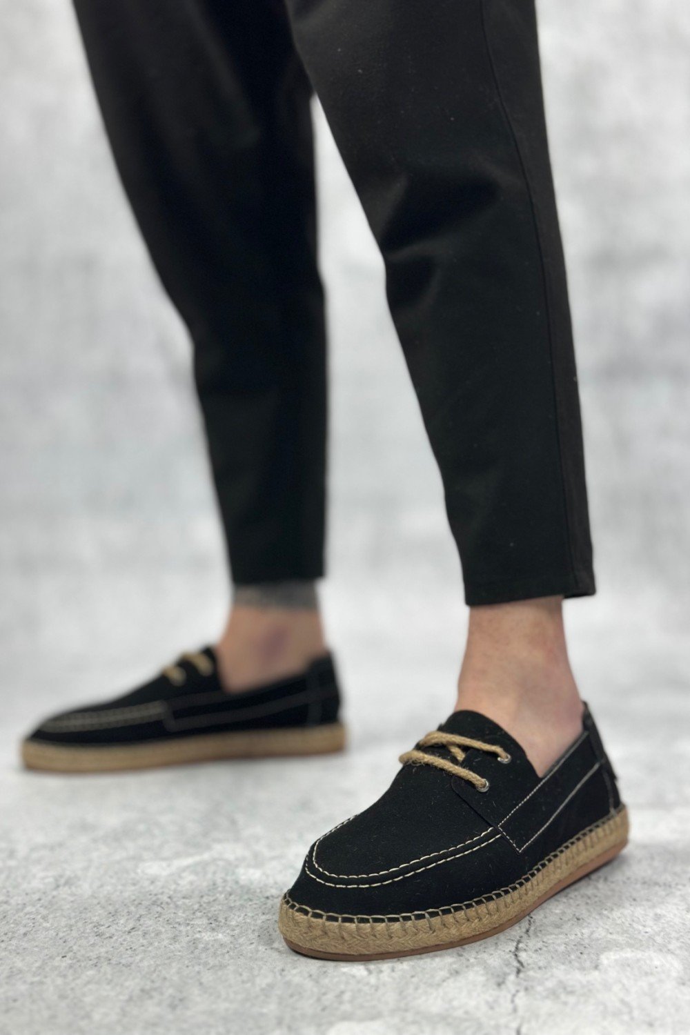 BA0358 BOA Doğal Deri Tozu Bağcıklı Kauçuk El Yapımı Espadril Taban Siyah Renk Erkek Ayakkabı