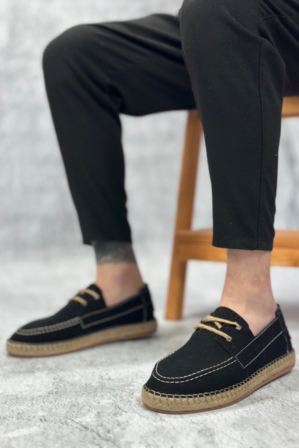 BA0358 BOA Doğal Deri Tozu Bağcıklı Kauçuk El Yapımı Espadril Taban Siyah Renk Erkek Ayakkabı