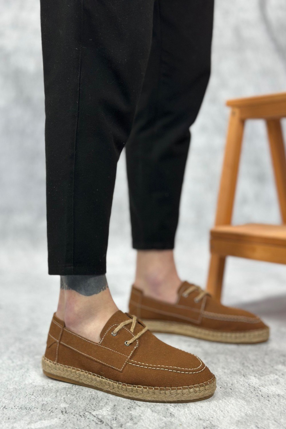 BA0358 BOA Doğal Deri Tozu Bağcıklı Kauçuk El Yapımı Espadril Taban Taba Renk Erkek Ayakkabı