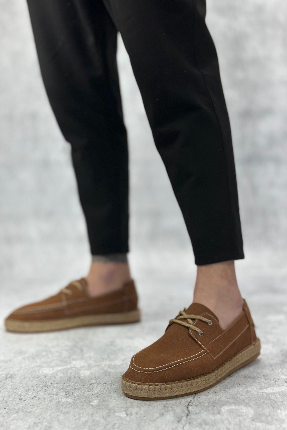 BA0358 BOA Doğal Deri Tozu Bağcıklı Kauçuk El Yapımı Espadril Taban Taba Renk Erkek Ayakkabı