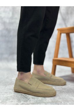 BA0359 BOA Doğal Deri Tozu Bağcıksız Kauçuk El Yapımı Espadril Taban Krem Renk Erkek Ayakkabı