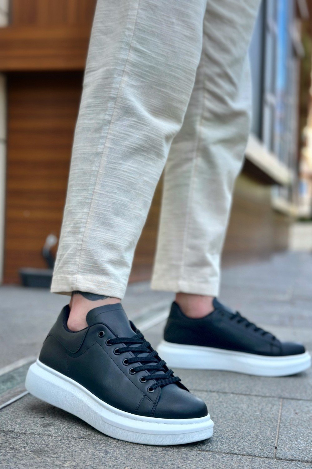 BA0547 BOA Kalın Yüksek Taban Siyah Beyaz Bağcıklı Spor Erkek Ayakkabı