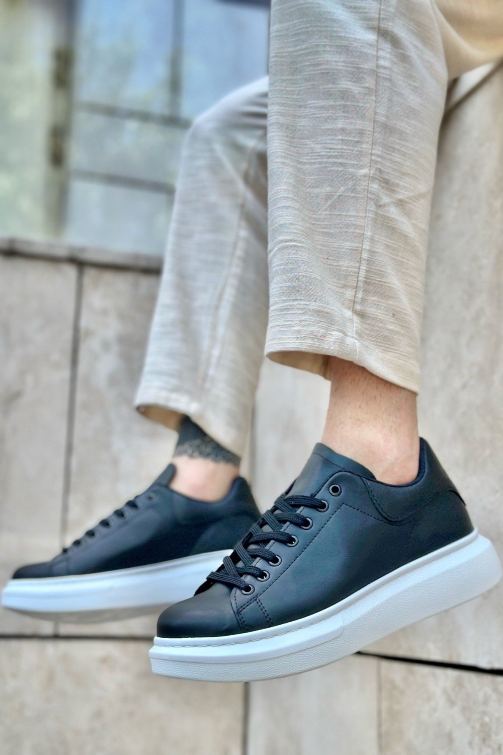 BA0547 BOA Kalın Yüksek Taban Siyah Beyaz Bağcıklı Spor Erkek Ayakkabı