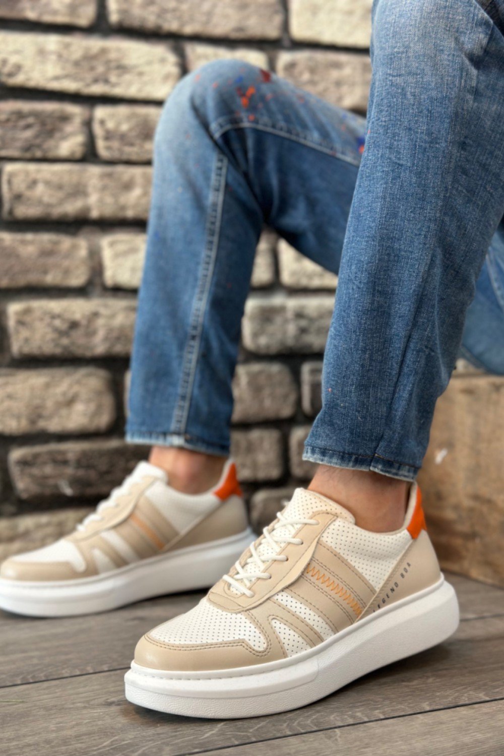 BA0548 BOA Kalın Yüksek Krem Beyaz Taban Beyaz Bağcıklı Spor Erkek Ayakkabı