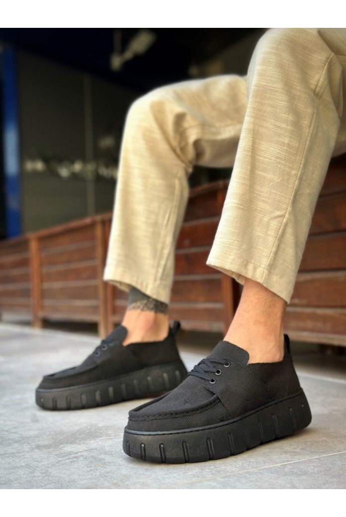 BA0676 BOA Siyah Keten Yüksek Taban Erkek Yazlık Ayakkabı