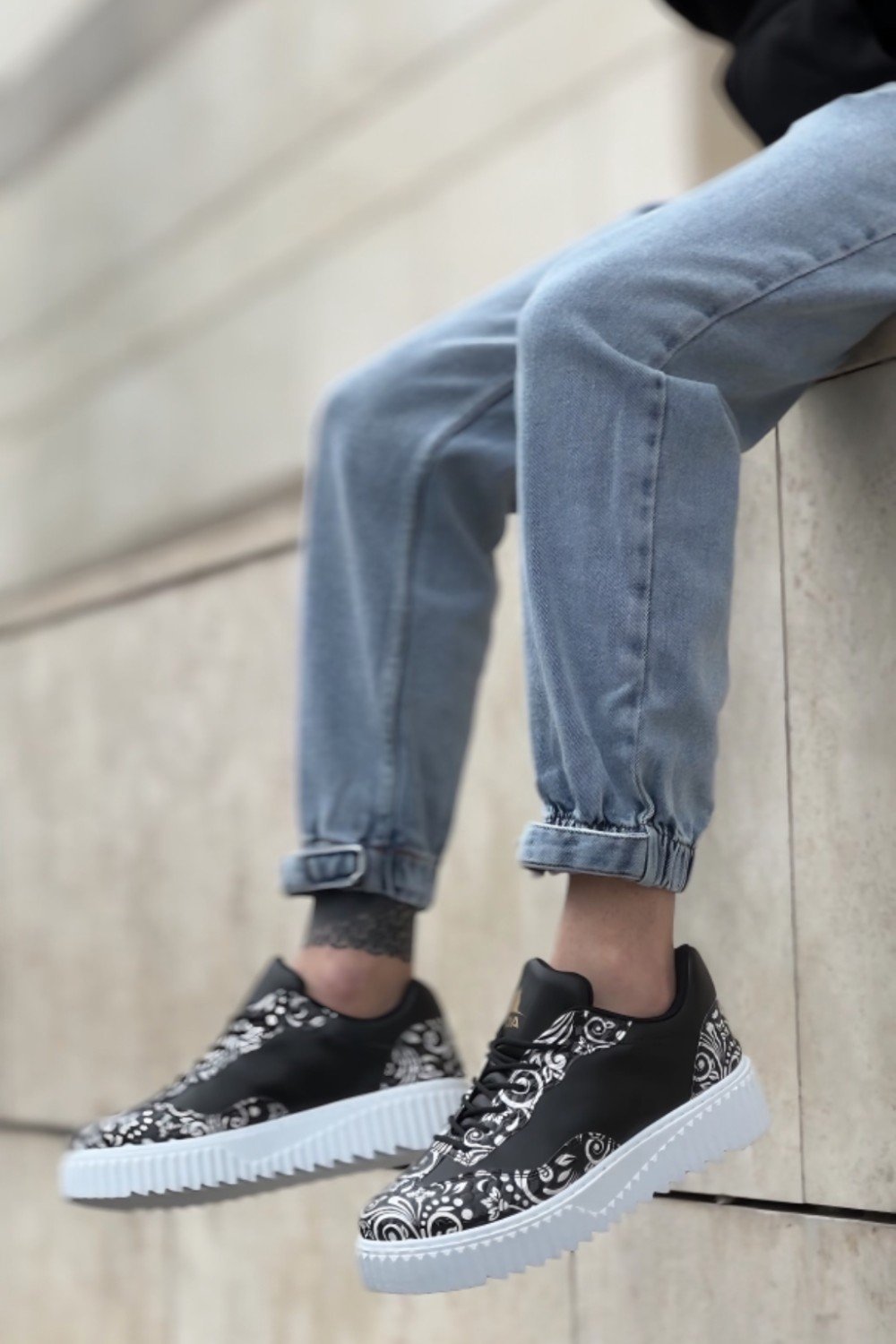 BA0802 BOA Gotik Desenli Siyah Beyaz Yüksek Taban Erkek Günlük Ayakkabı