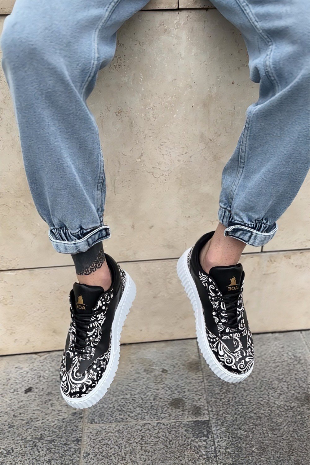 BA0802 BOA Gotik Desenli Siyah Beyaz Yüksek Taban Erkek Günlük Ayakkabı