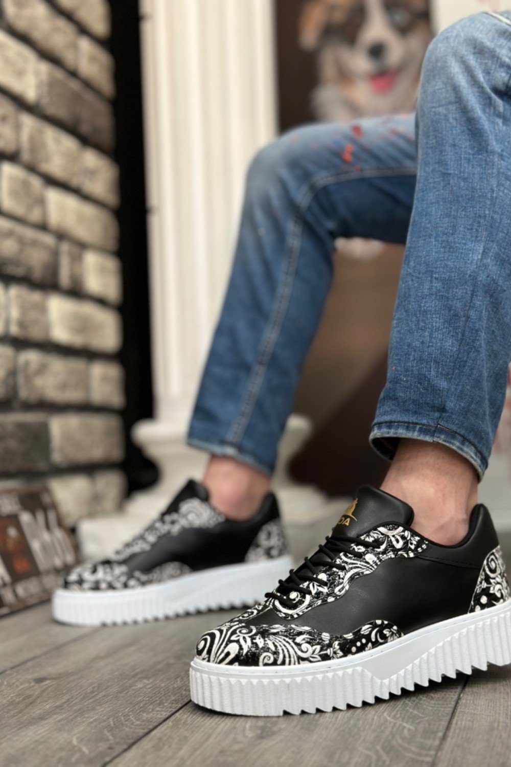 BA0802 BOA Gotik Desenli Siyah Beyaz Yüksek Taban Erkek Günlük Ayakkabı