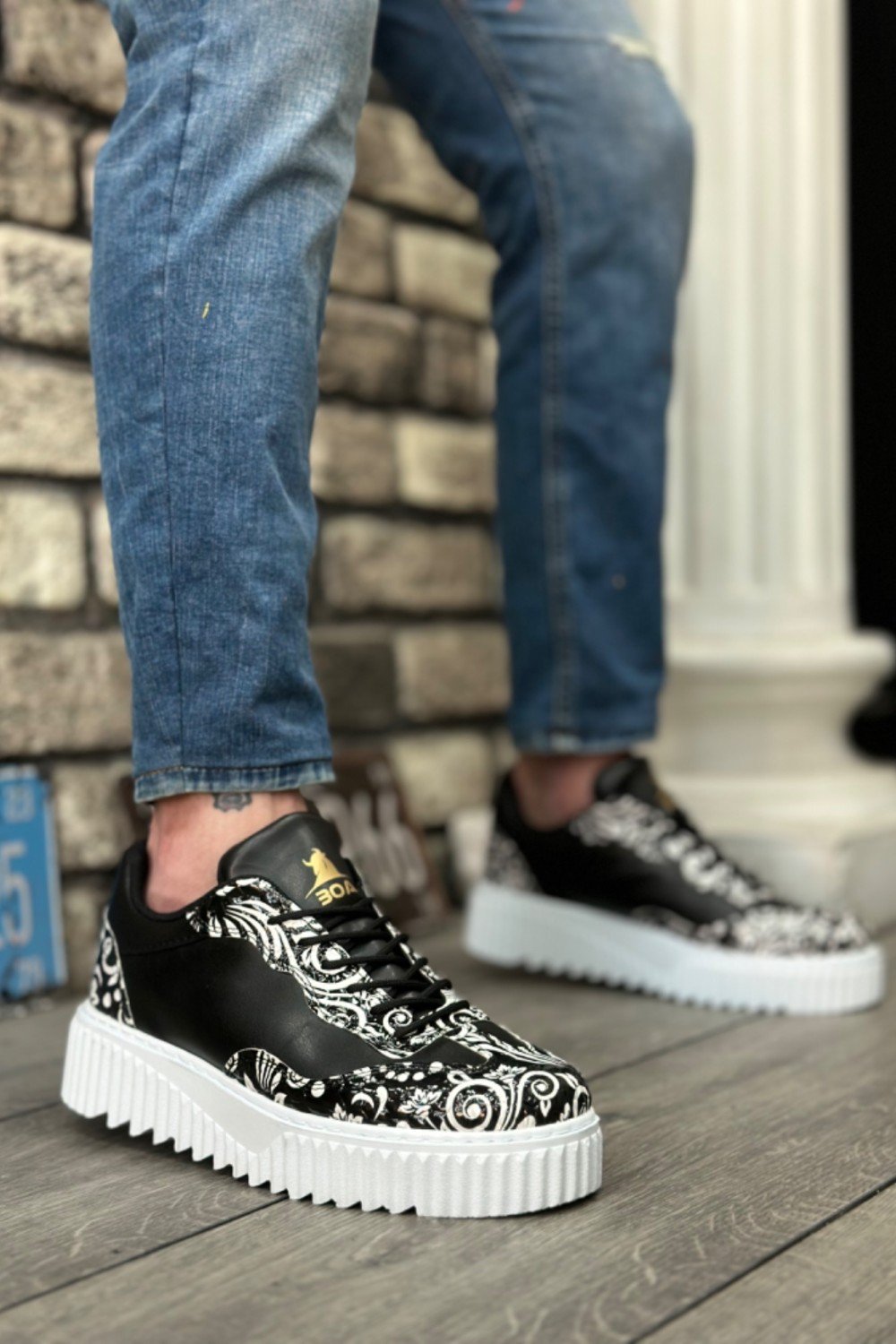 BA0802 BOA Gotik Desenli Siyah Beyaz Yüksek Taban Erkek Günlük Ayakkabı