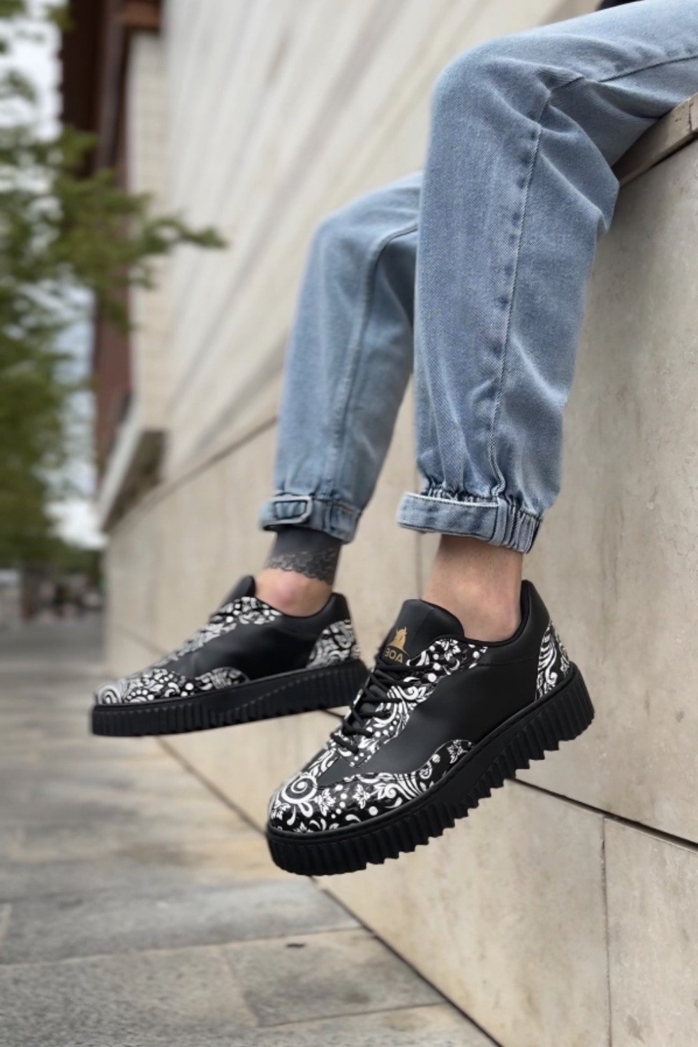 BA0802 BOA Gotik Desenli Siyah Yüksek Taban Erkek Günlük Ayakkabı