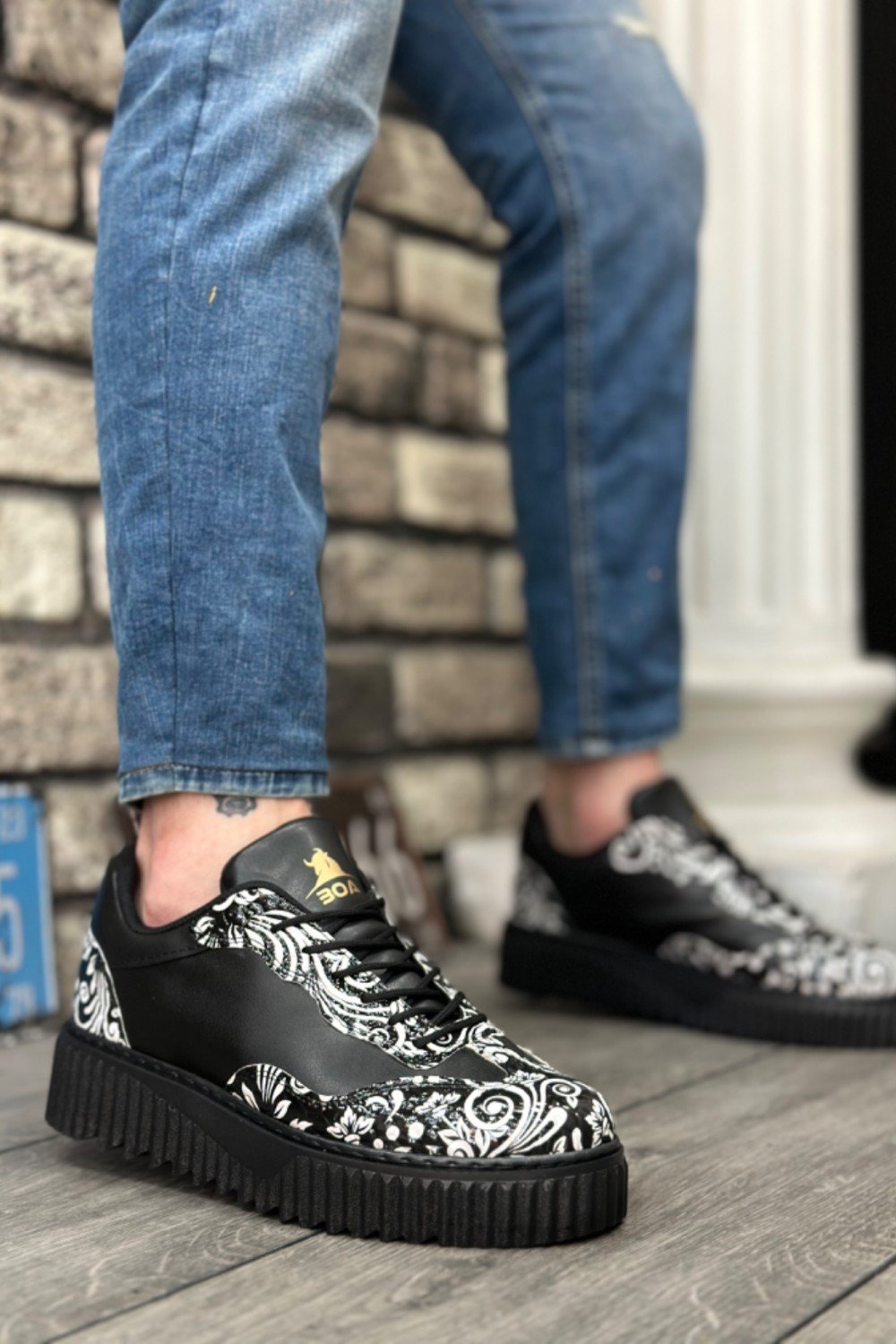 BA0802 BOA Gotik Desenli Siyah Yüksek Taban Erkek Günlük Ayakkabı