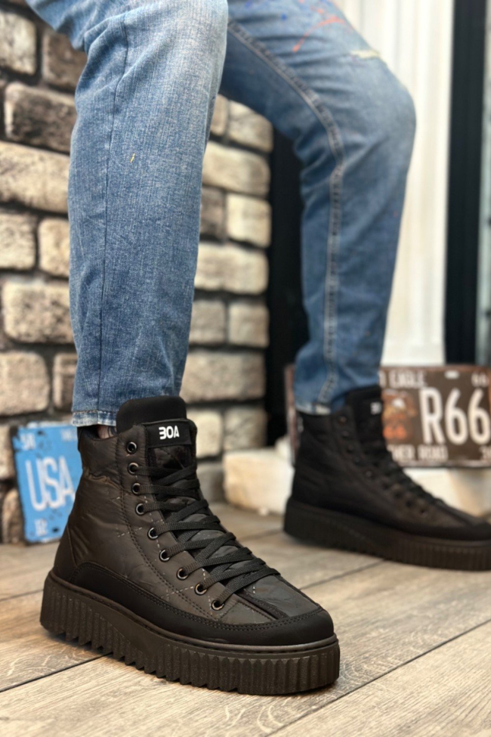 BA0811 BOA Yüksek Siyah Taban Siyah Paraşüt Kumaş Cilt Detaylı Yarım Bilek Spor Bot