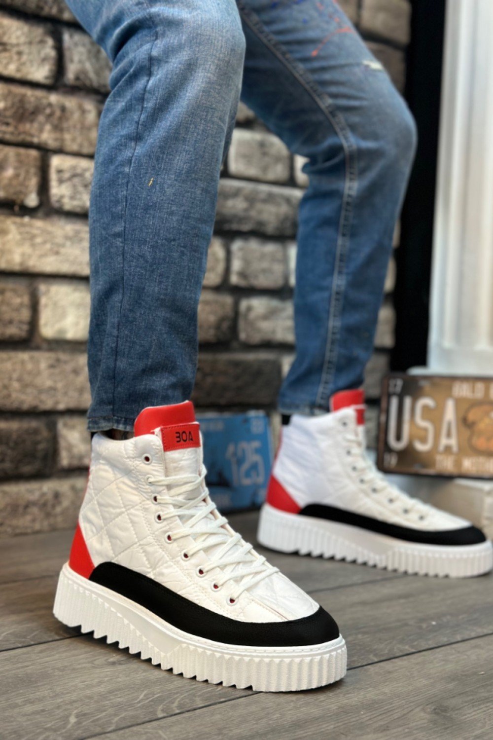 BA0811 BOA Yüksek Taban Beyaz Paraşüt Kumaş Kırmızı Cilt Detaylı Erkek Ayakkabı BA0811 BOA Yüksek Taban Beyaz Paraşüt Kumaş Kırmızı Cilt Detaylı Erkek Ayakkabı