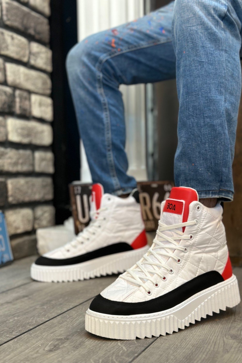 BA0811 BOA Yüksek Taban Beyaz Paraşüt Kumaş Kırmızı Cilt Detaylı Erkek Ayakkabı BA0811 BOA Yüksek Taban Beyaz Paraşüt Kumaş Kırmızı Cilt Detaylı Erkek Ayakkabı