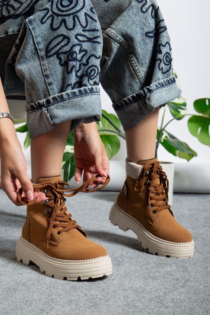 Camel Süet Bağcıklı Yüksek Taban Kadın Bot