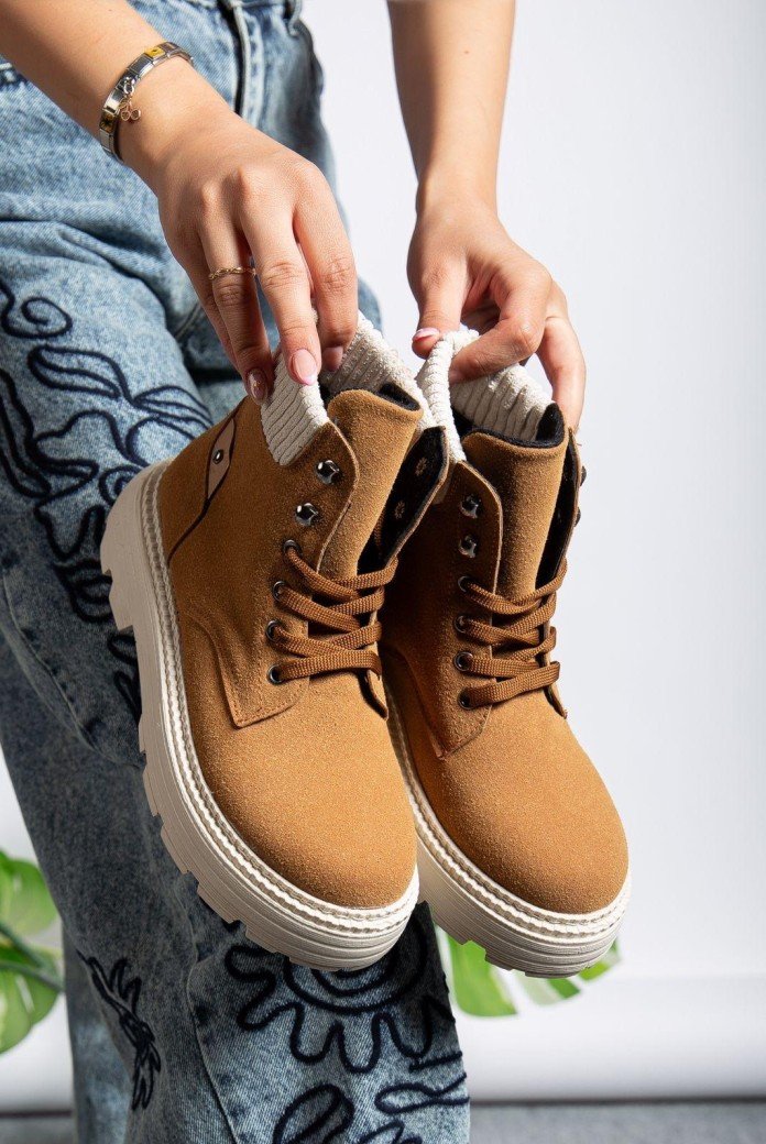 Camel Süet Bağcıklı Yüksek Taban Kadın Bot