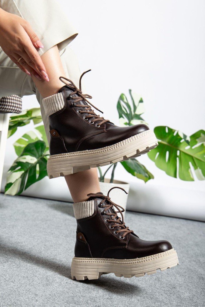 Cilt Kahve Bağcıklı Yüksek Taban Kadın Bot