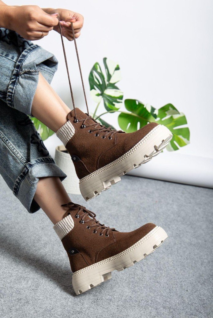 Kahve Süet Bağcıklı Yüksek Taban Kadın Bot