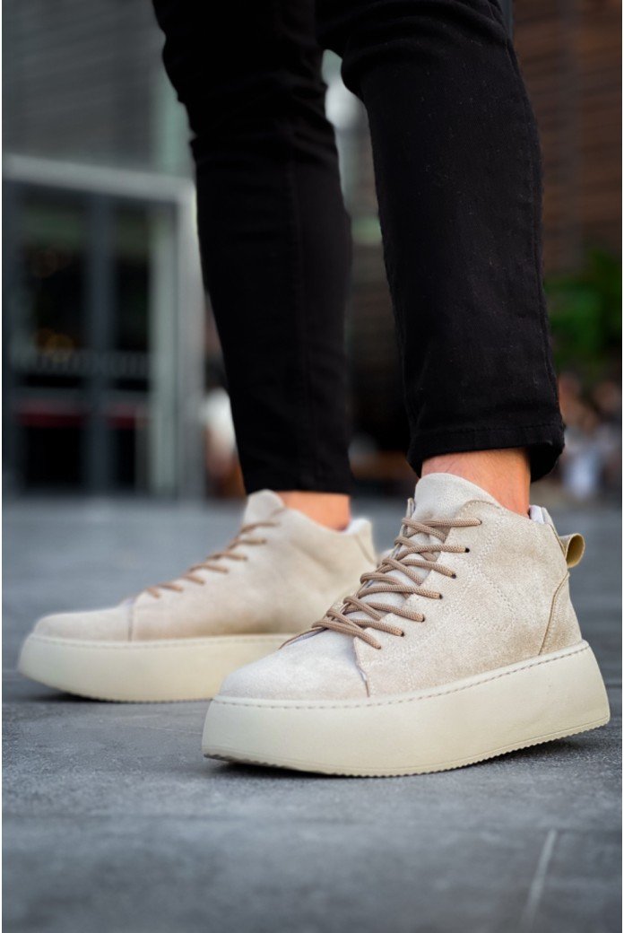 LE10 Bağcıklı Erkek Yüksek Taban İthal Süet Krem Spor Bot