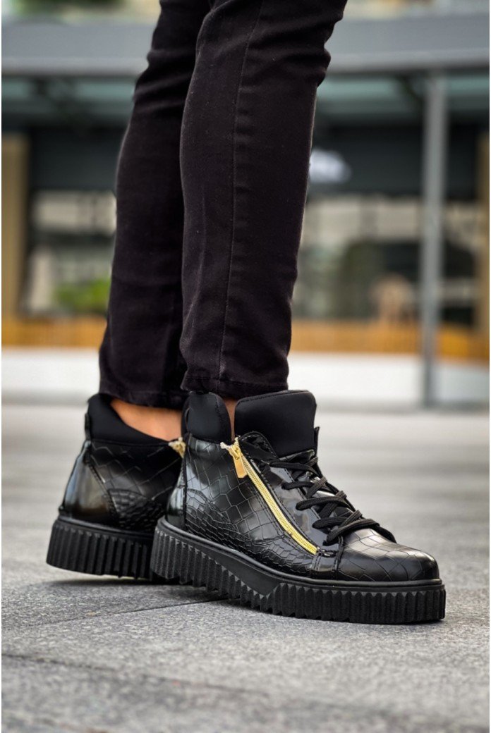 SNR-512 BOA Kalın Yüksek Siyah Taban Çift Fermuarlı Siyah Erkek Spor Bot